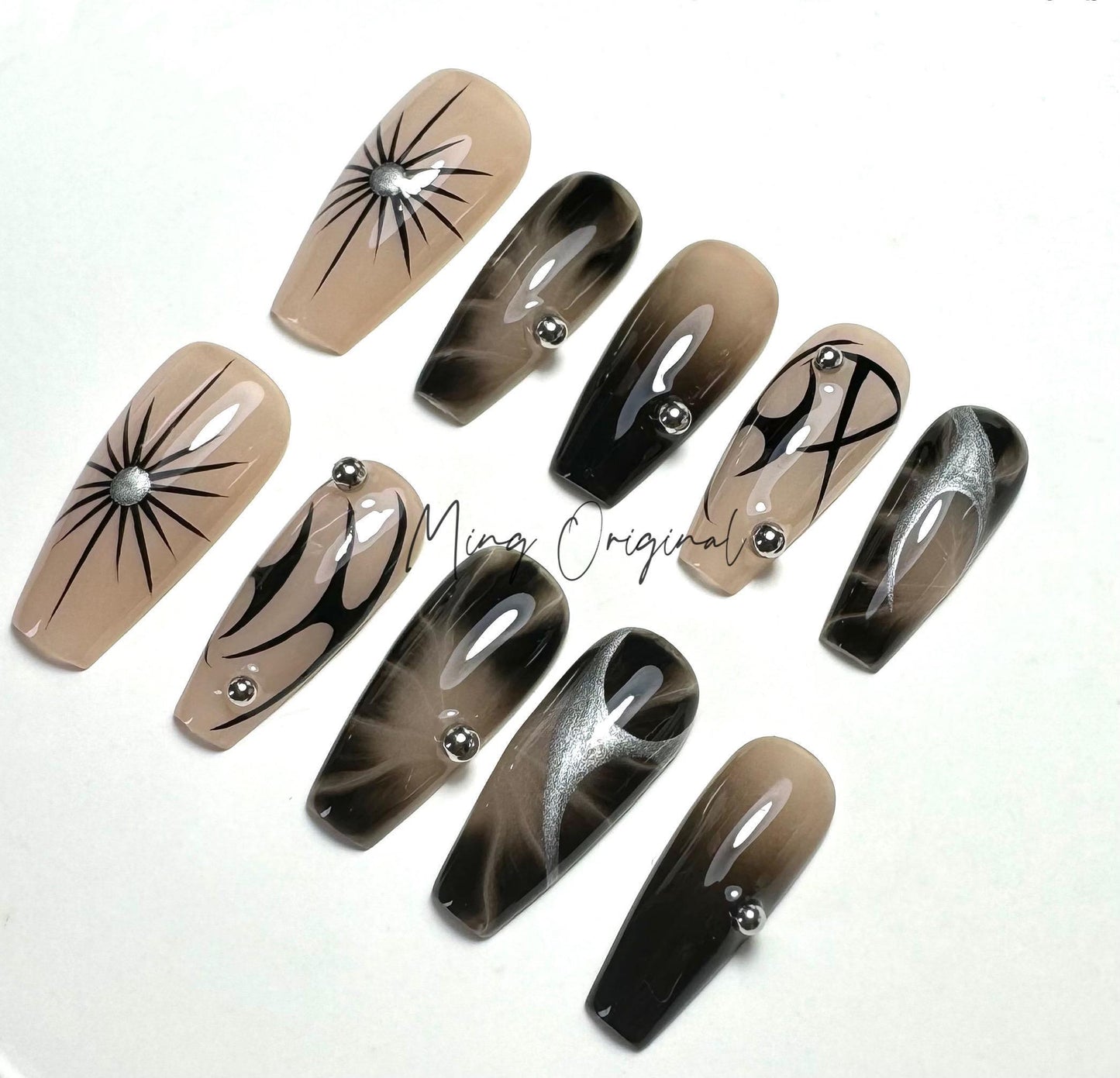Free style croc nude ombre abstract line press on nails, Y2K star, french tip nail , fall season nail, hand painted nail