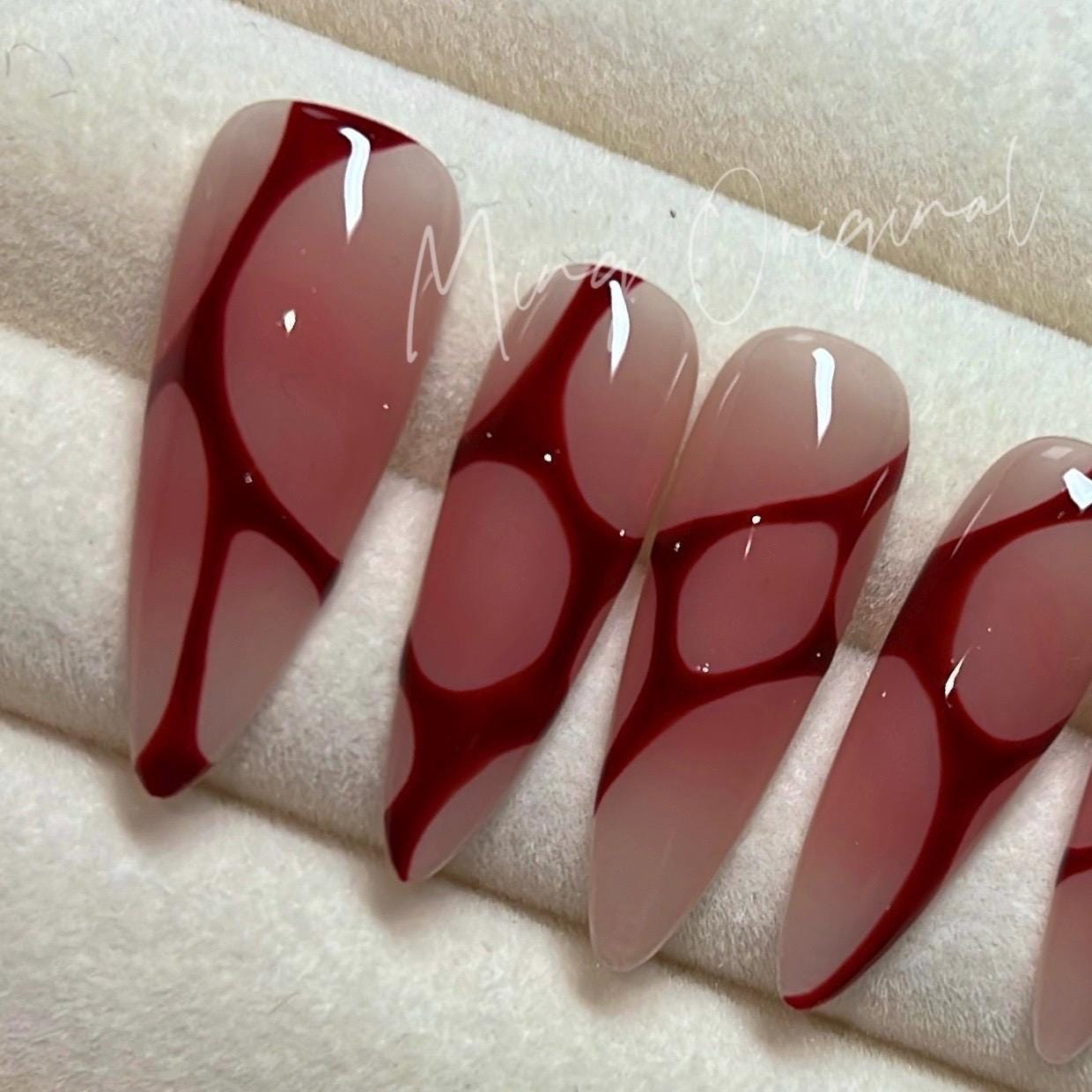 Bloody red blushed Halloween Spooky nail bloody press on nail, abstract line y2k nail, red blood vampire nail