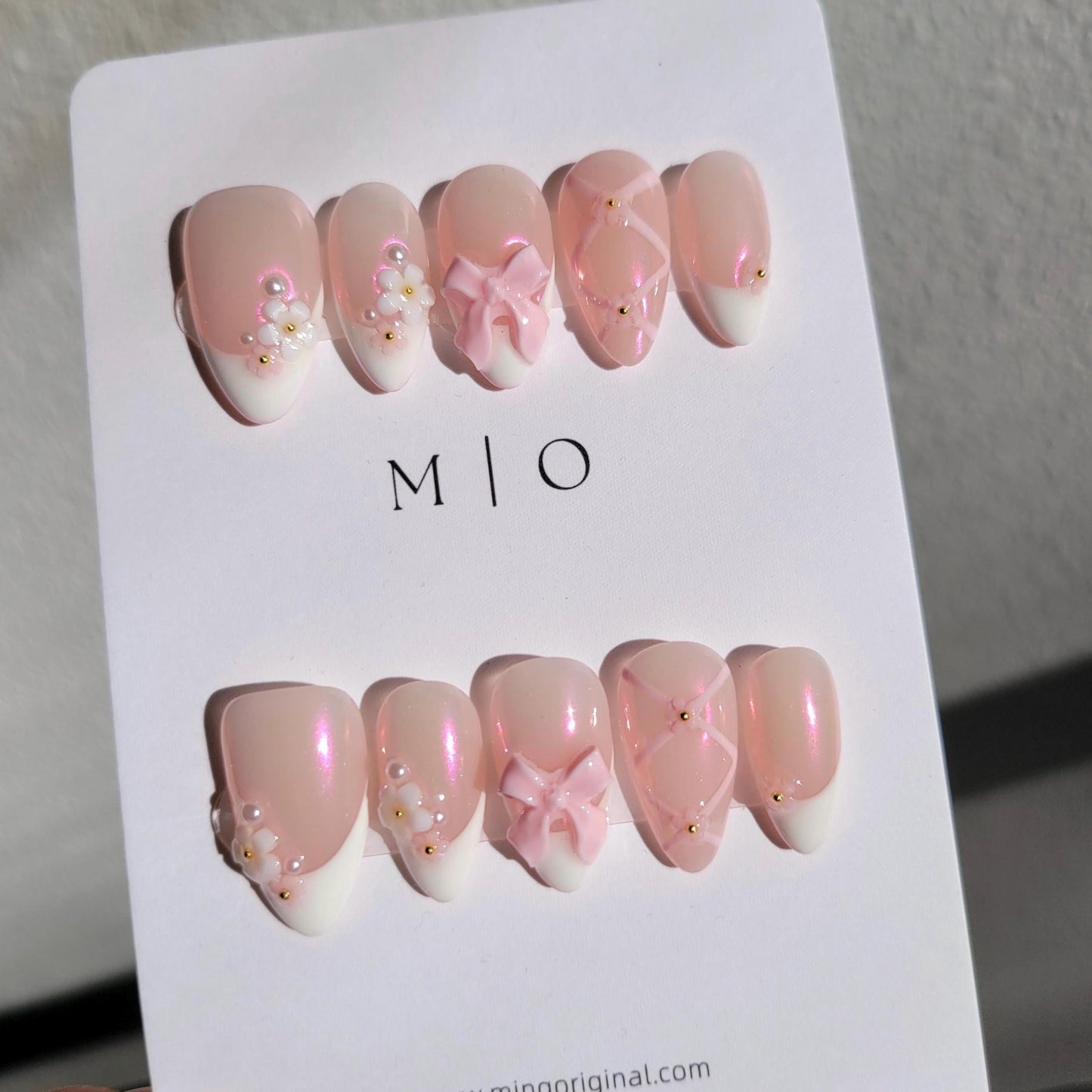 Pink little flower Press on Nails, French tip with bow coquette and ballet handmade Nails,MO277