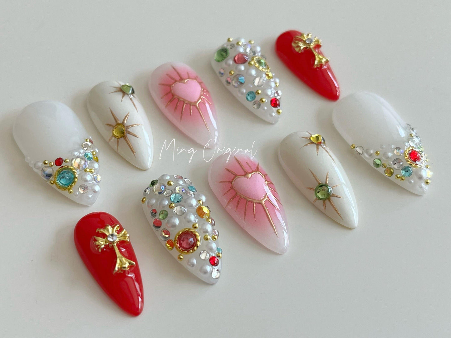 Pink Cupid love heart Press on Nails, chrome star free style multicolor rhinestone handmade Nails, valentine gift for her