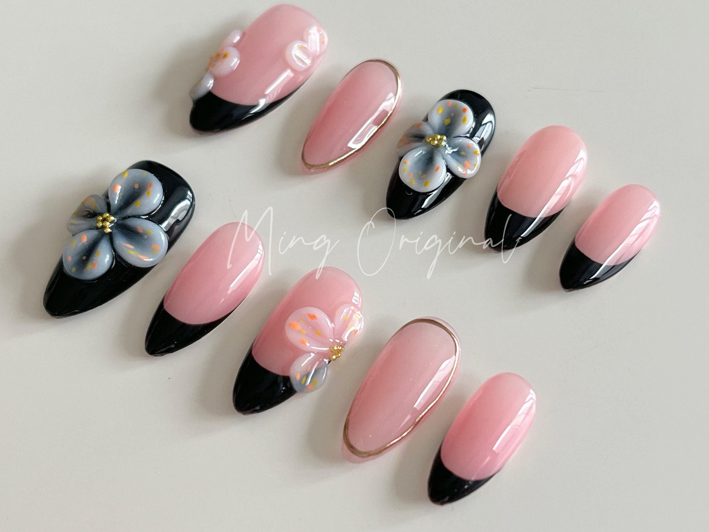Summer White Flower 3D Free Style press on nails, Fairycore Floral Nail,  Black French Tip