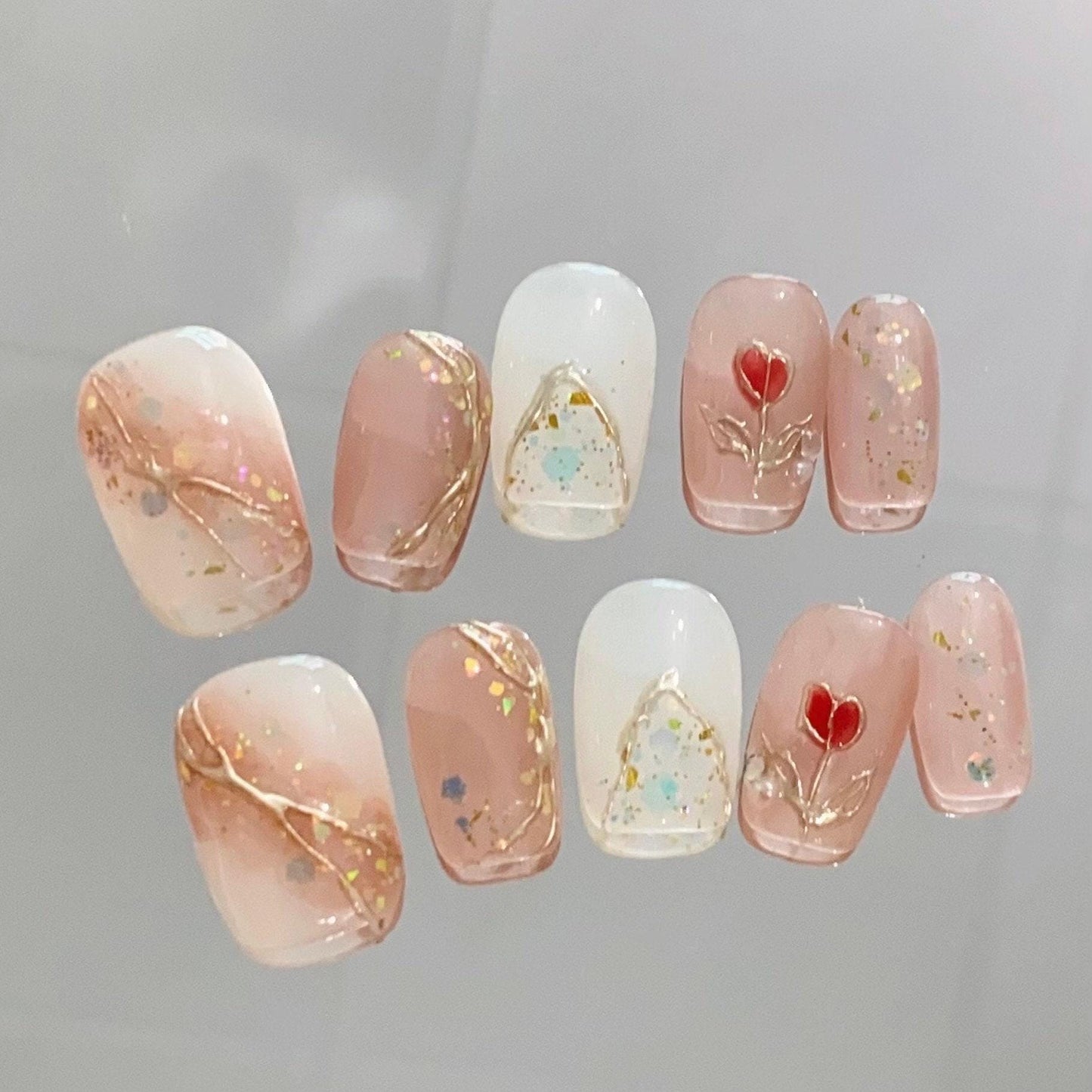 Nude Rose Flower art nail, chrome rose Press on Nail, glitter nails, Jelly Nails