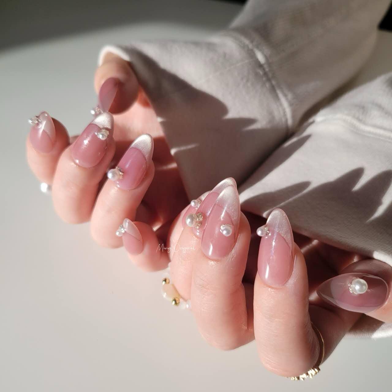 French Tip Collection| cute pink with pearl premium Press on Nails, handmade fake nails, gift for her,MO269