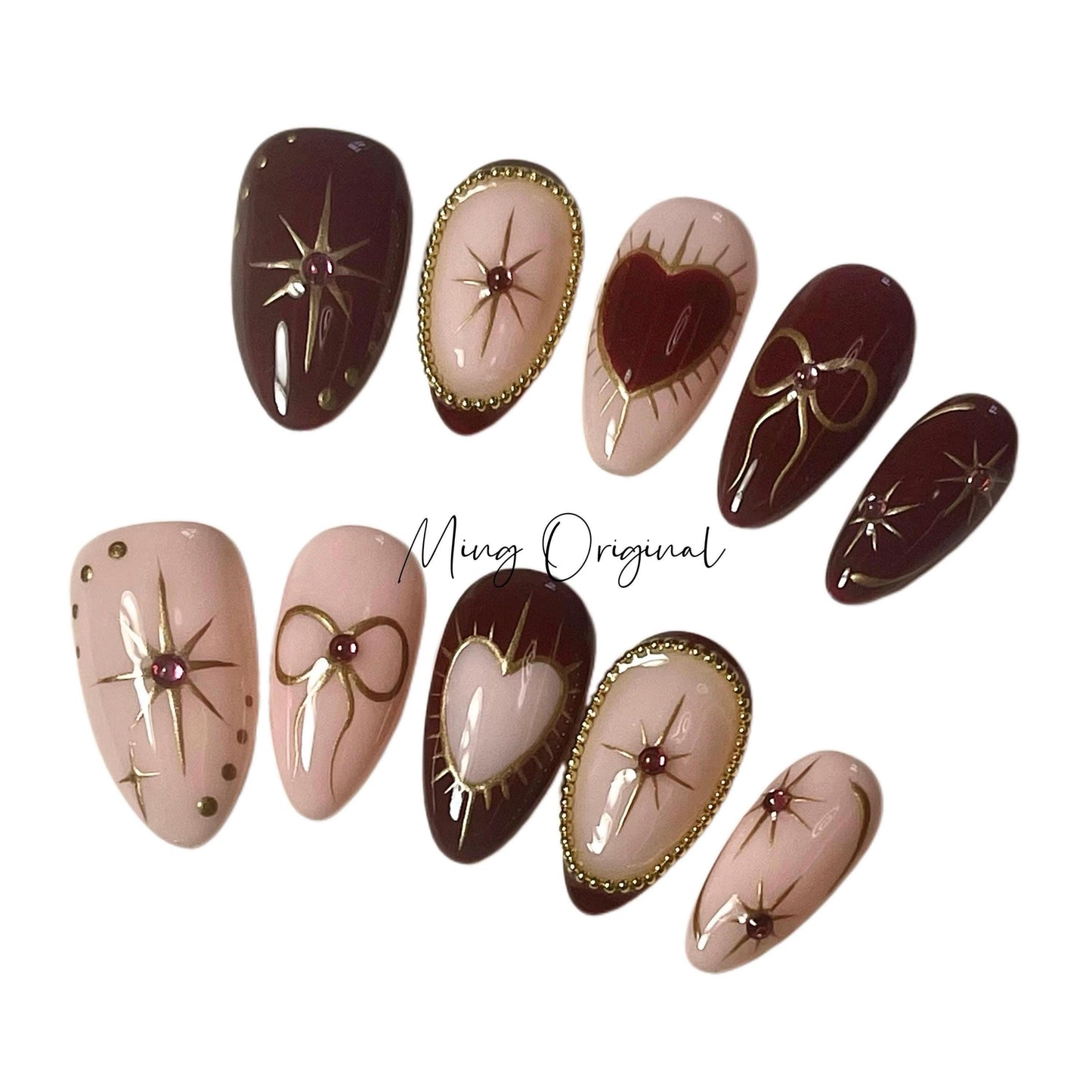 Simple nude red heart Press on Nails, gold chrome star free style bow coquette handmade Nails, valentine new year gift for her,MO383