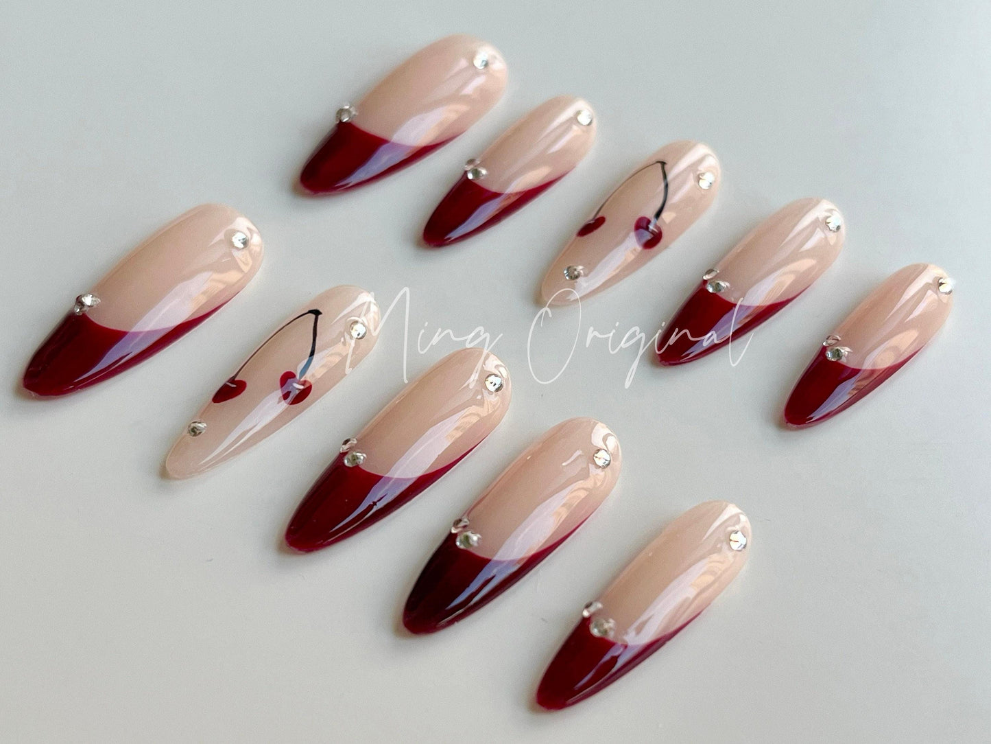 Summer Red 3d Cherry Nail,  Fruit Lover press on nails, Burgundy French Tip, Holiday Fake Nails, Gifts for Her