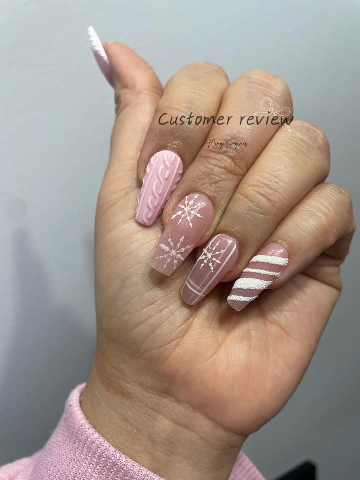 Pink Sweater Winter Xmas candy cane snowflake press on nails, Christmas and white glitter gel nail, glue on nail, gift for her,MO408