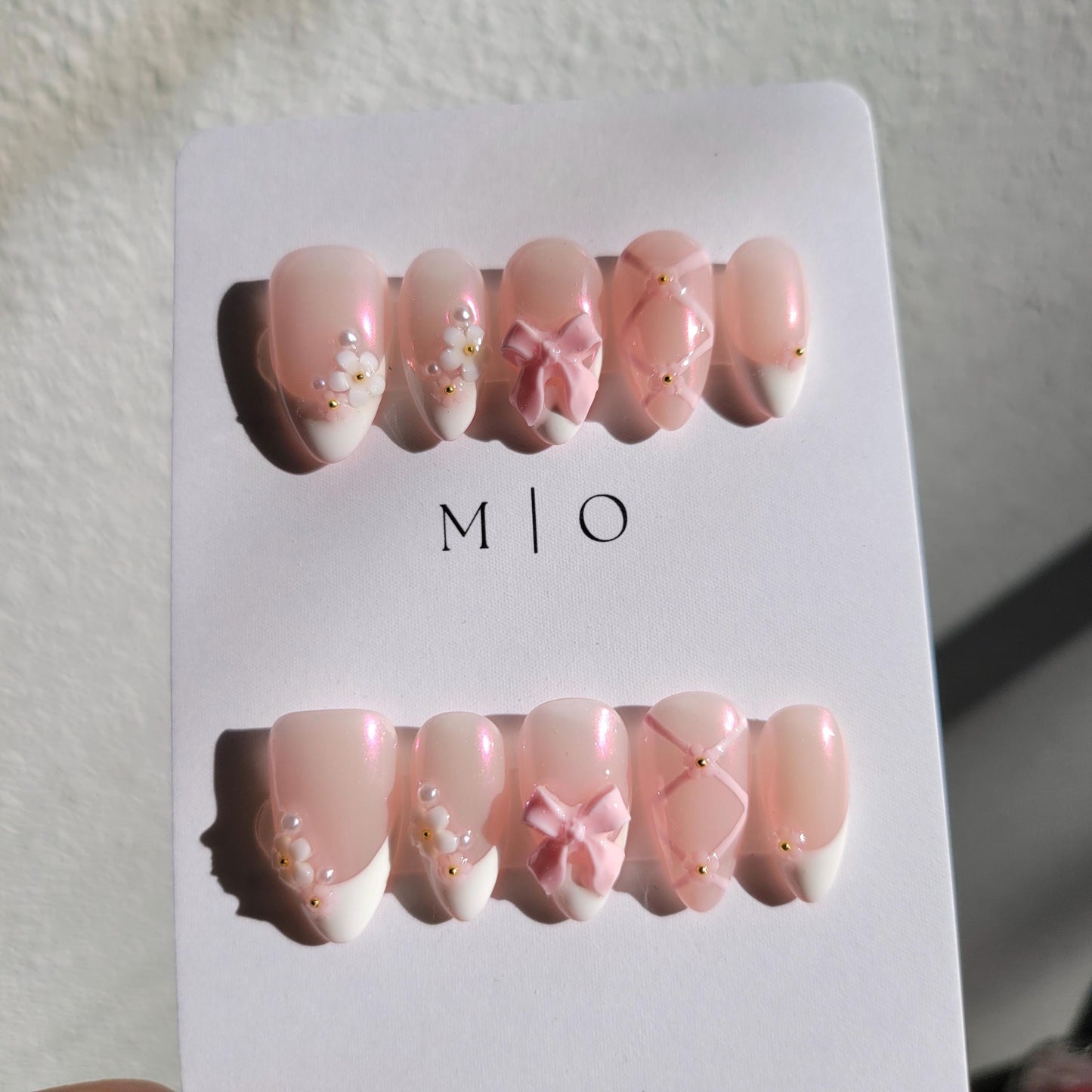Pink little flower Press on Nails, French tip with bow coquette and ballet handmade Nails,MO277