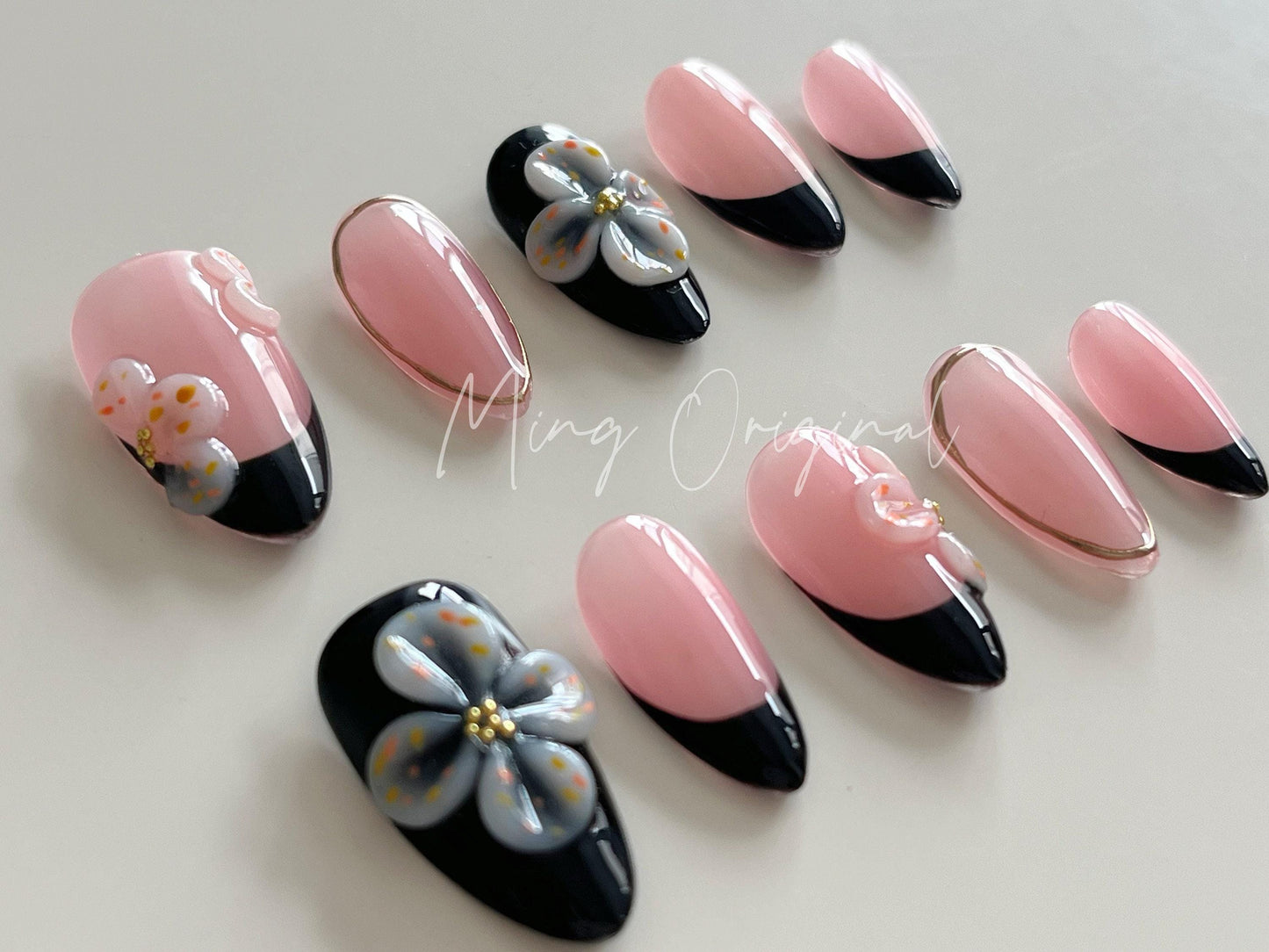 Summer White Flower 3D Free Style press on nails, Fairycore Floral Nail,  Black French Tip