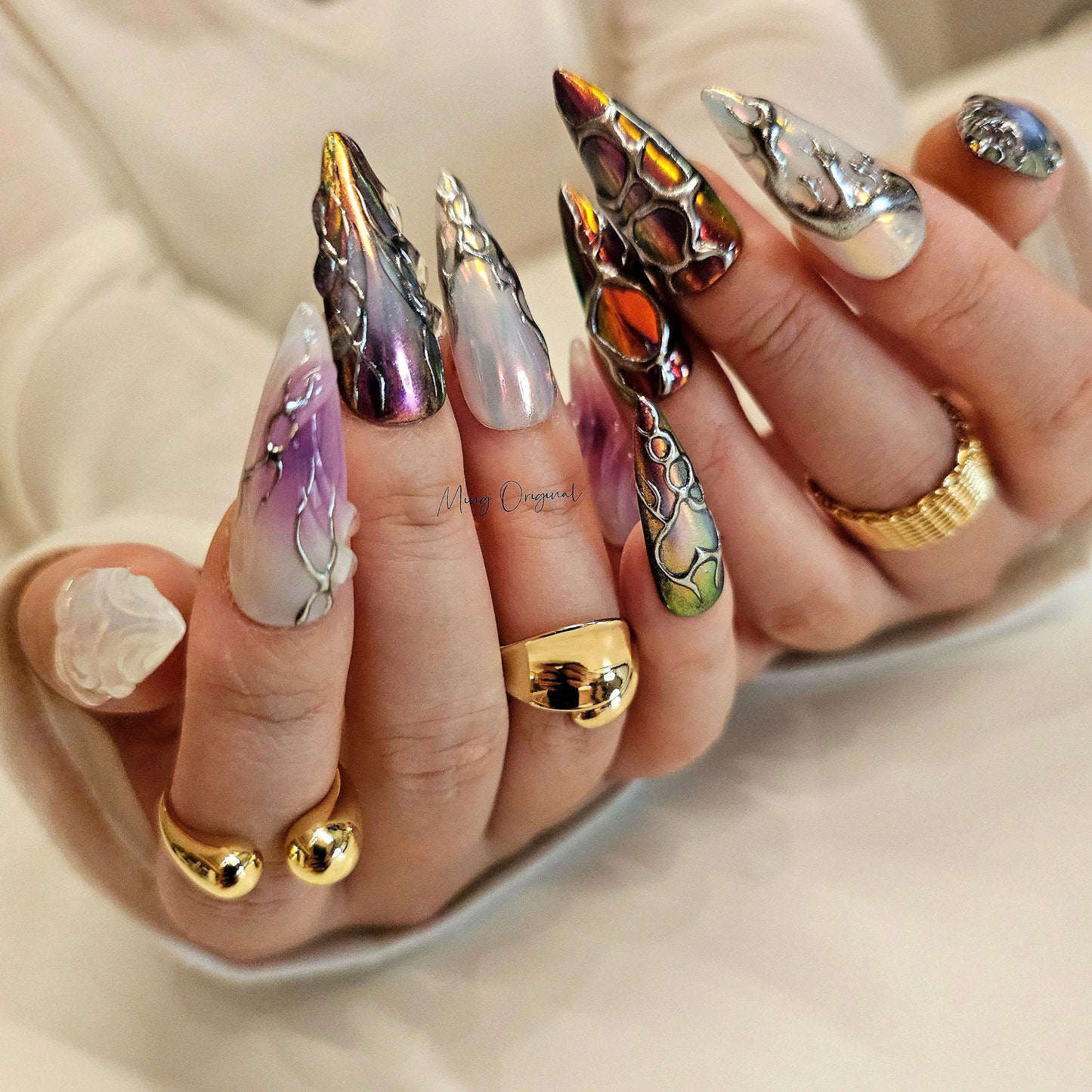 Free style chrome mirror gothic Nail press on, purple and black 3d Silver Metallic fake nail, holiday birthday gift for her, MO286