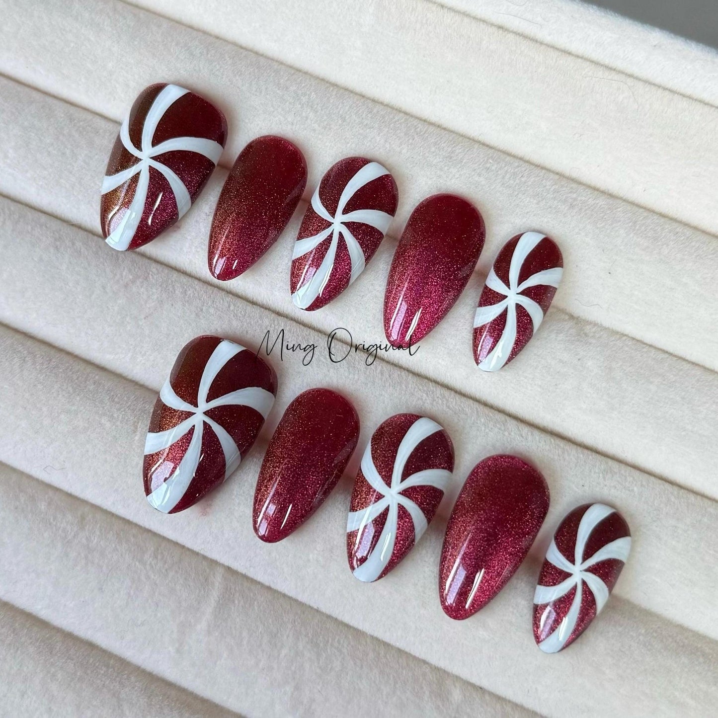 Festival candy cane cat eye press on Nail, red peppermint candy swirl nail, sparkling glue on nail, Xmas Gifts for Her, MO358