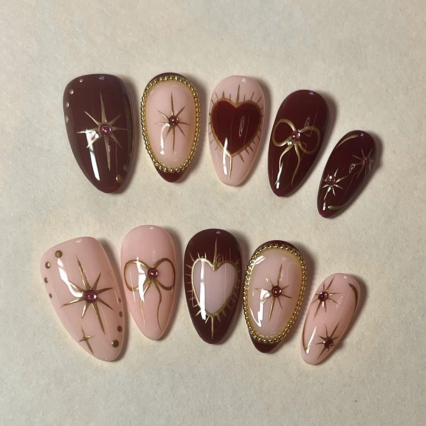 Simple nude red heart Press on Nails, gold chrome star free style bow coquette handmade Nails, valentine new year gift for her,MO383