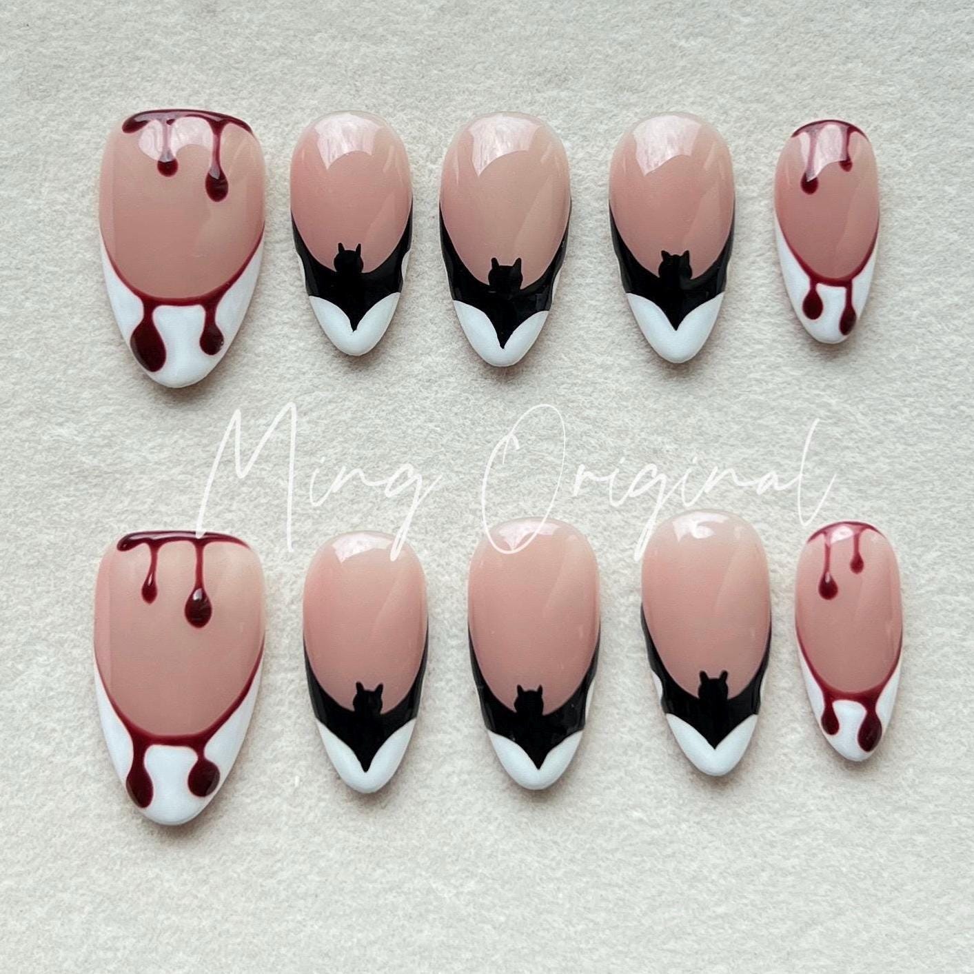 French Drip Bat Halloween Spooky nail bloody press on nail, fake bleeding nail, horror nail, ghost nail, red blood vampire nail