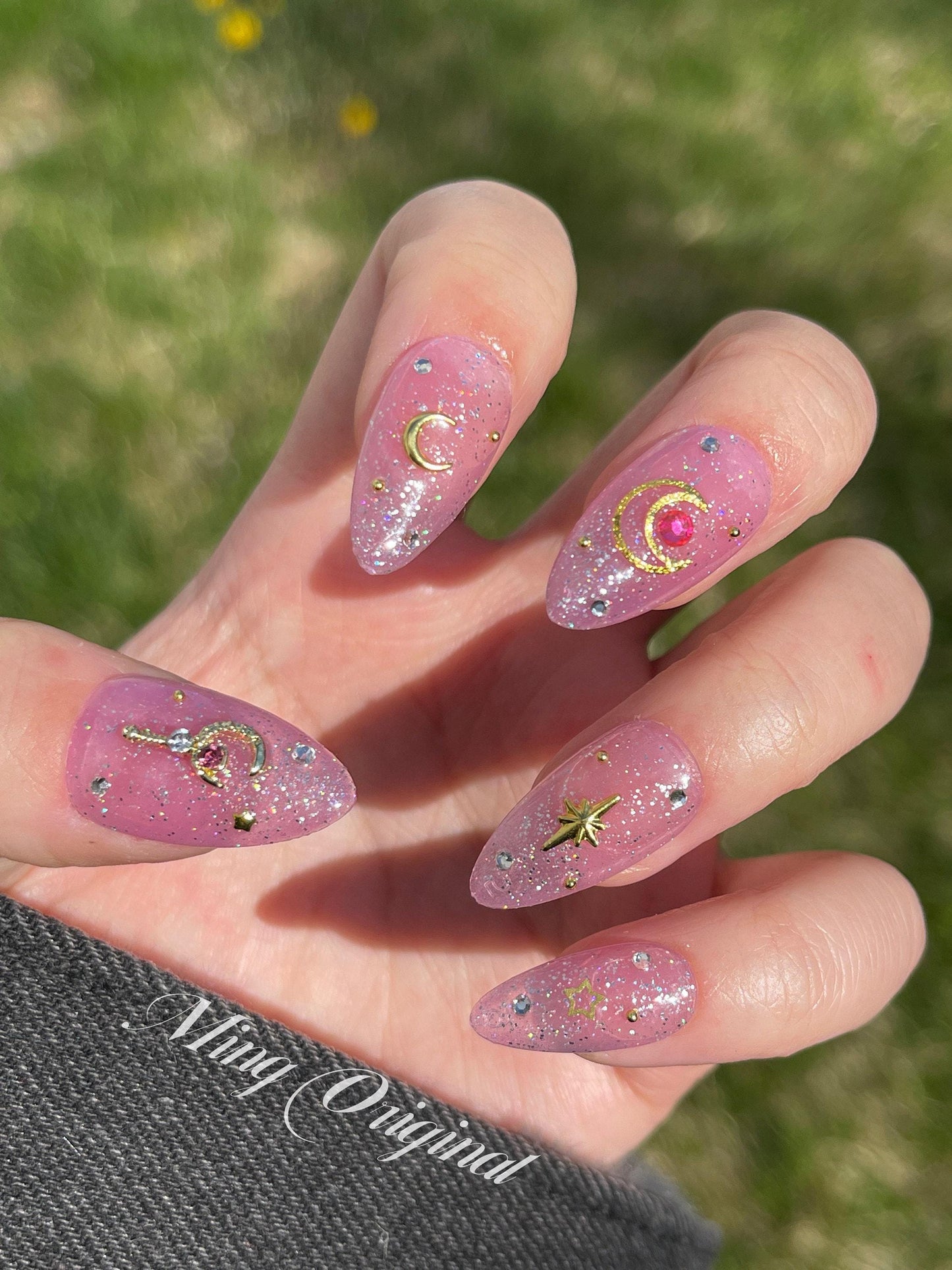 Pink holographic Glitter Sailor moon opal press on nail, pink gemstone with gold charm Fake nails, star and moon Rhinestone handmade gel na