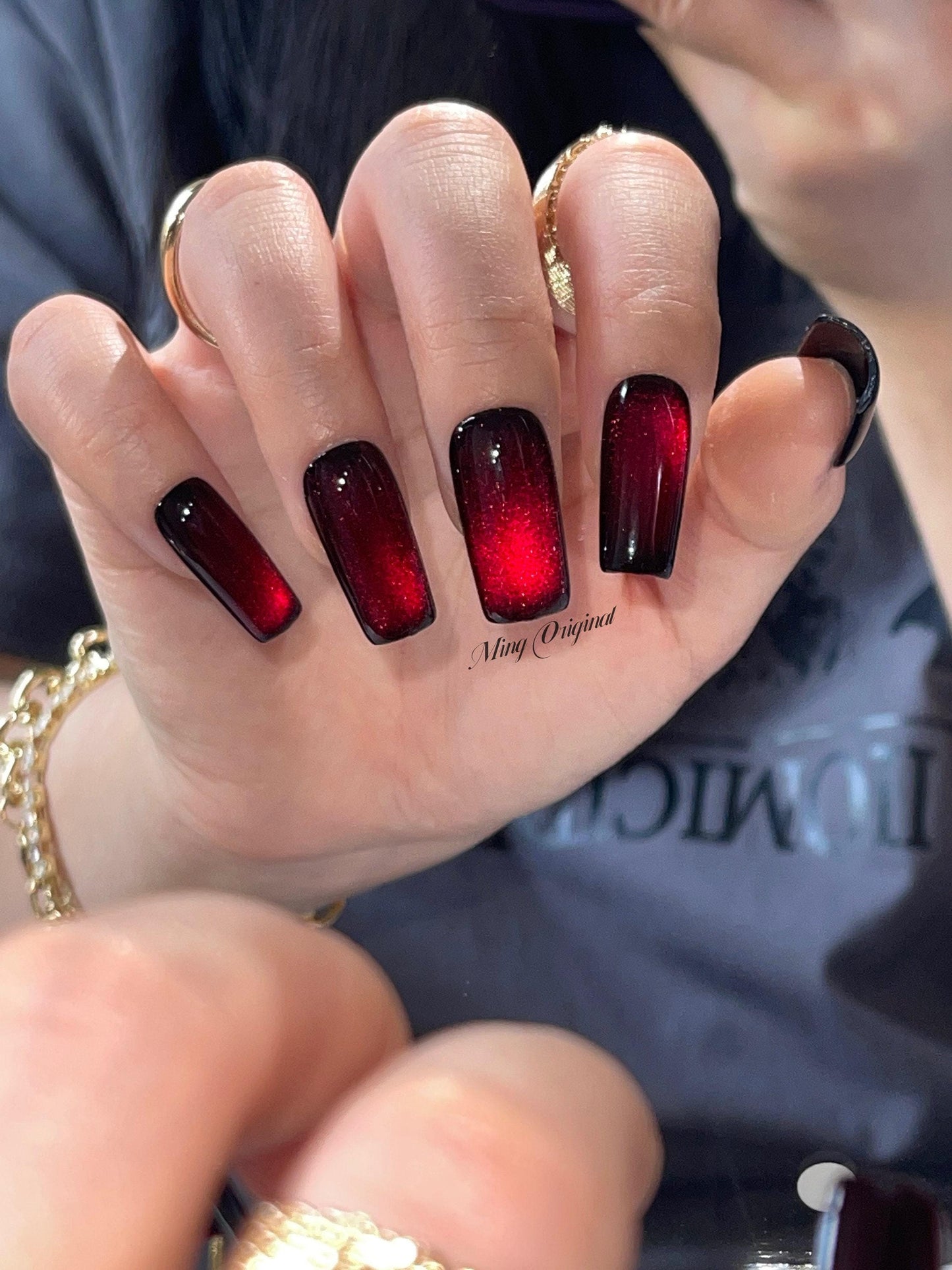 Da Vampire| red cat eye press on nails, black nails, reuse nails, jelly fake nail, glitter shine gel nail