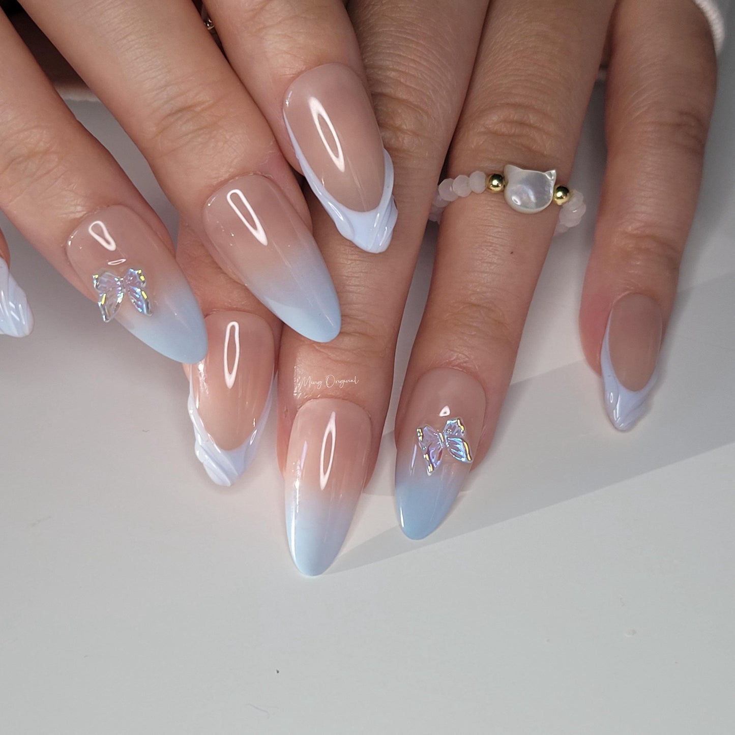 Blue airbrush glittery butterfly aura Press on Nails, blue ombre free style 3d handmade Nails,MO304