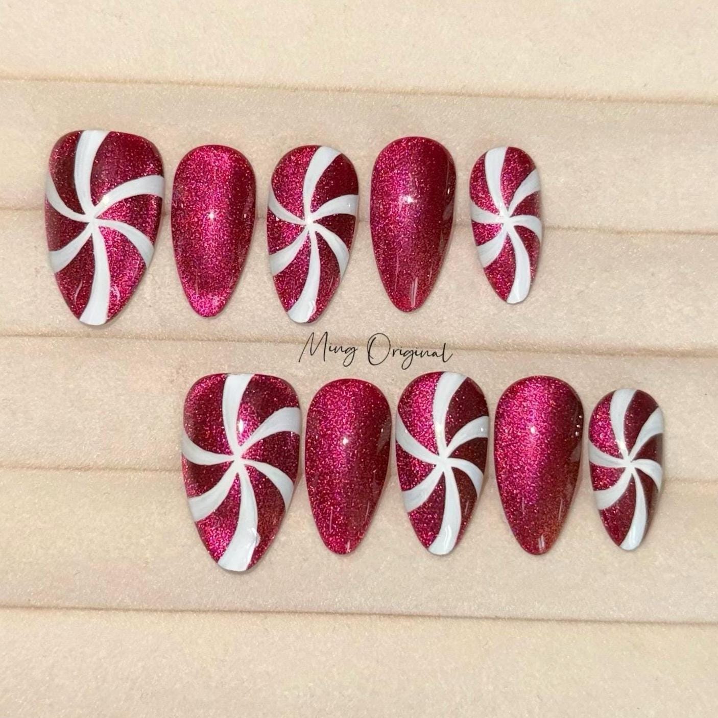 Festival candy cane cat eye press on Nail, red peppermint candy swirl nail, sparkling glue on nail, Xmas Gifts for Her, MO358