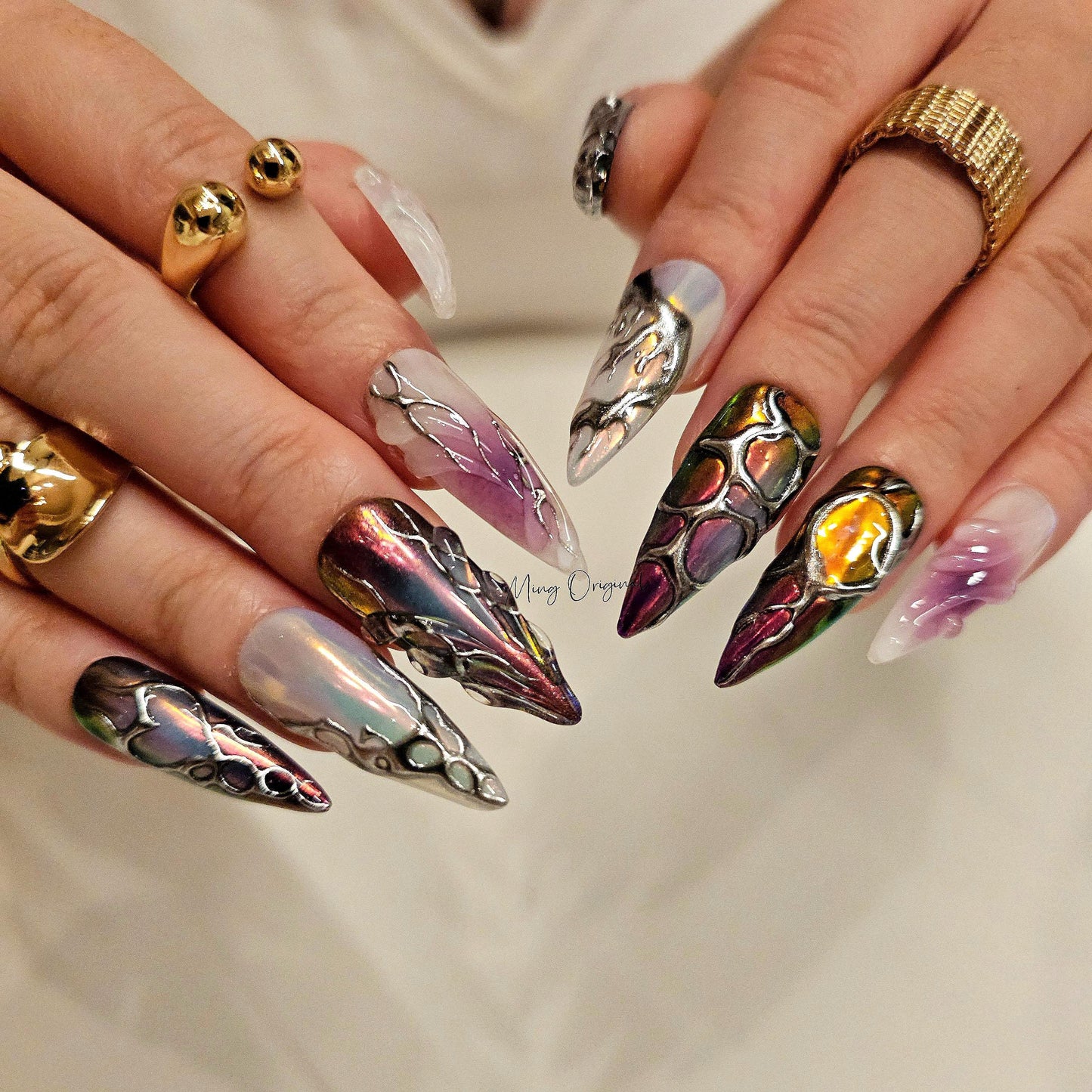 Free style chrome mirror gothic Nail press on, purple and black 3d Silver Metallic fake nail, holiday birthday gift for her, MO286