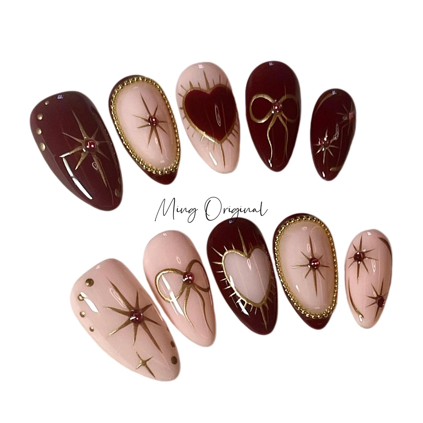 Simple nude red heart Press on Nails, gold chrome star free style bow coquette handmade Nails, valentine new year gift for her,MO383