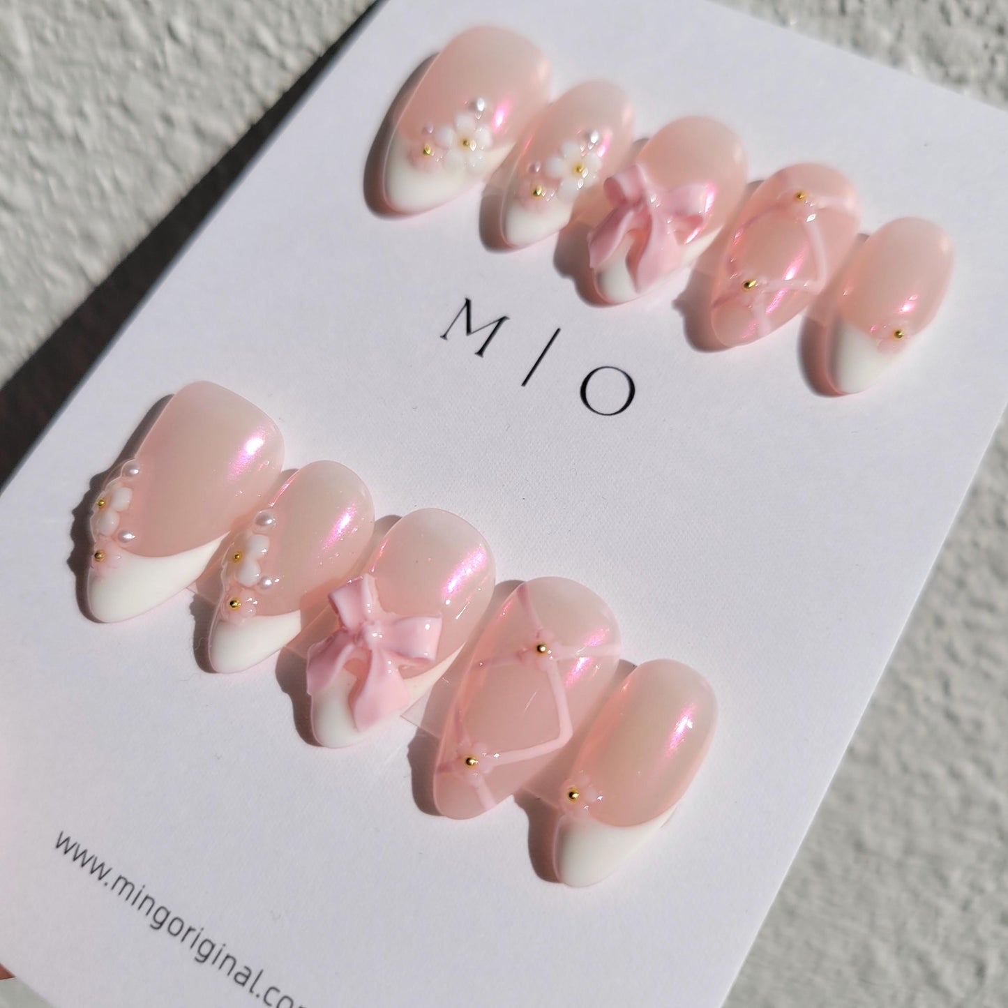 Pink little flower Press on Nails, French tip with bow coquette and ballet handmade Nails,MO277
