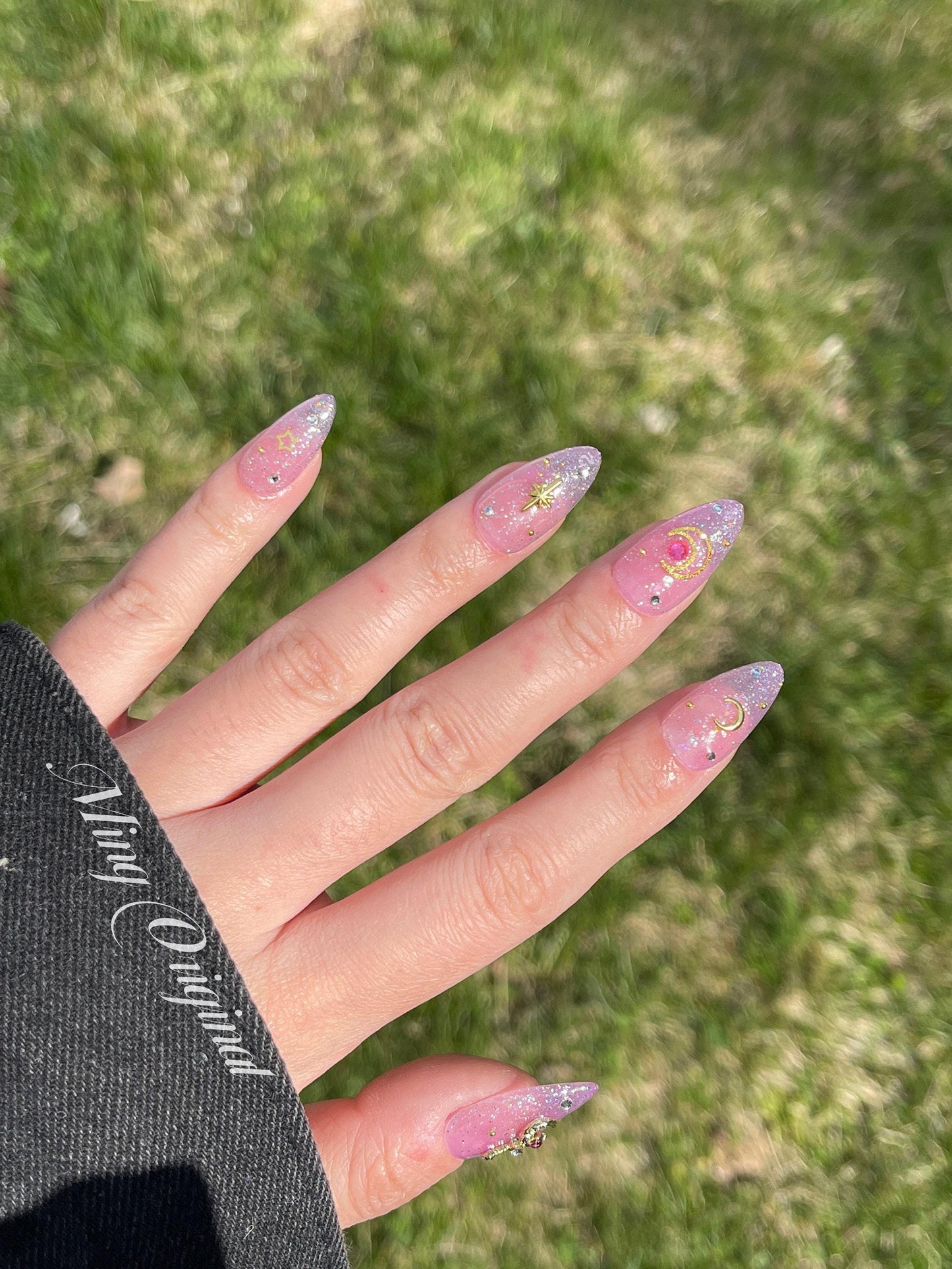Pink holographic Glitter Sailor moon opal press on nail, pink gemstone with gold charm Fake nails, star and moon Rhinestone handmade gel na