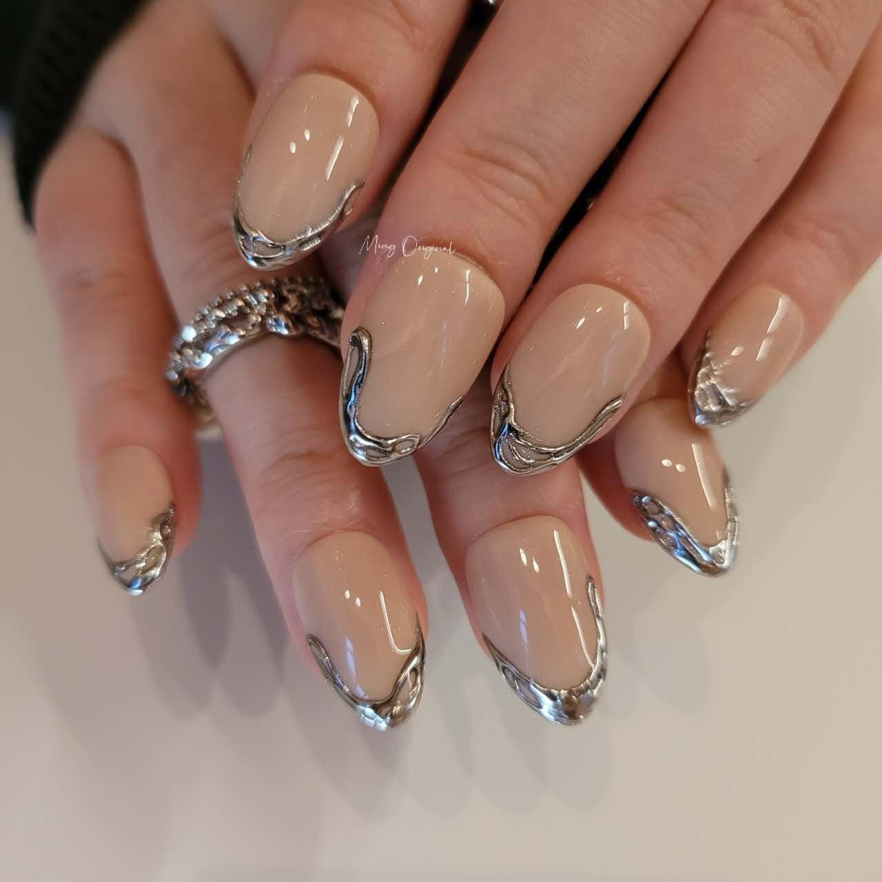 Silver chrome mirror gothic Nail press on, Fake nails, Metallic textured french tip nail, Luxury Handmade Nails, gift for her