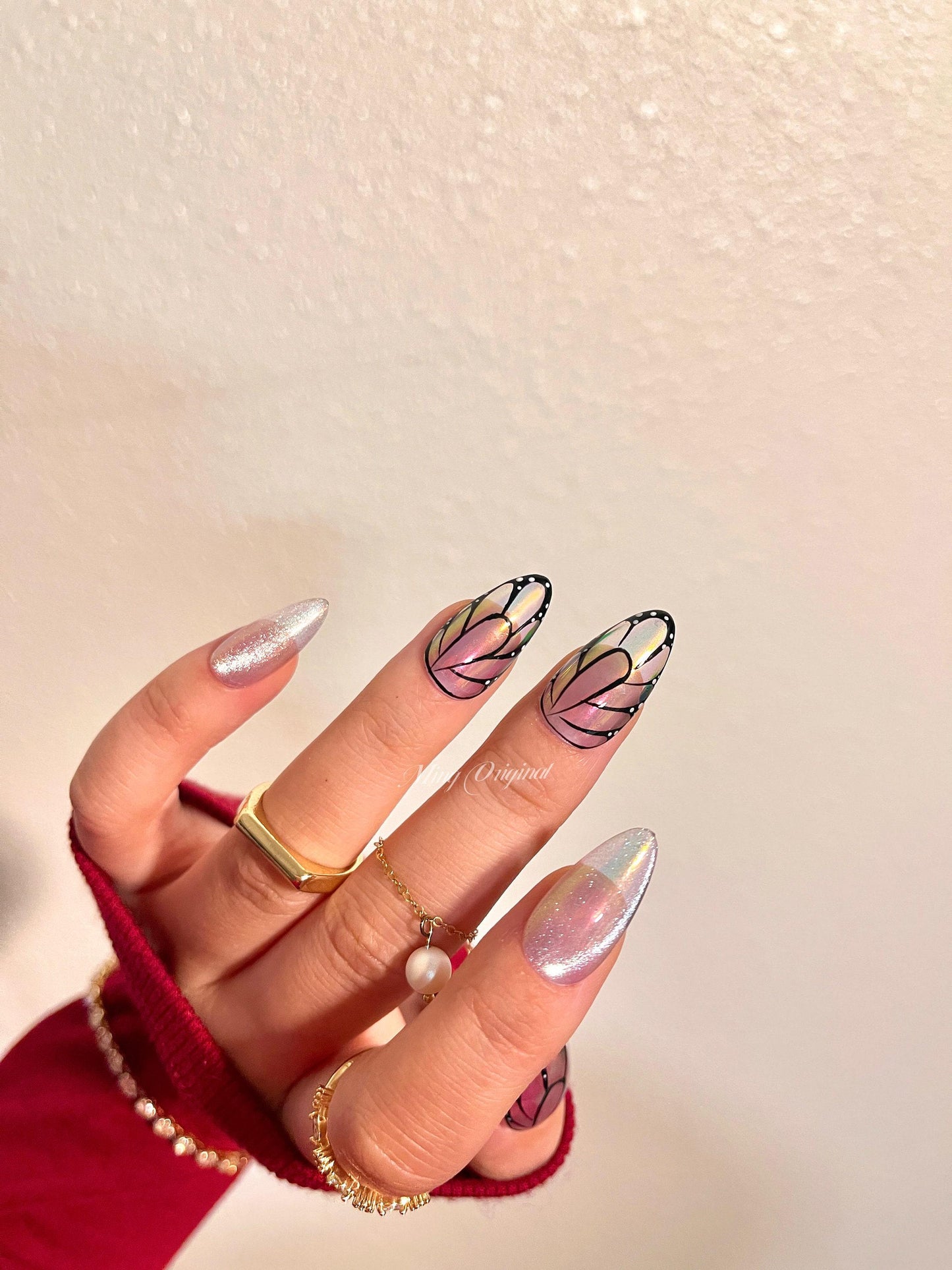 Butterfly wings press on art nail, aura cat eye nails, luxury Handmade jelly nail