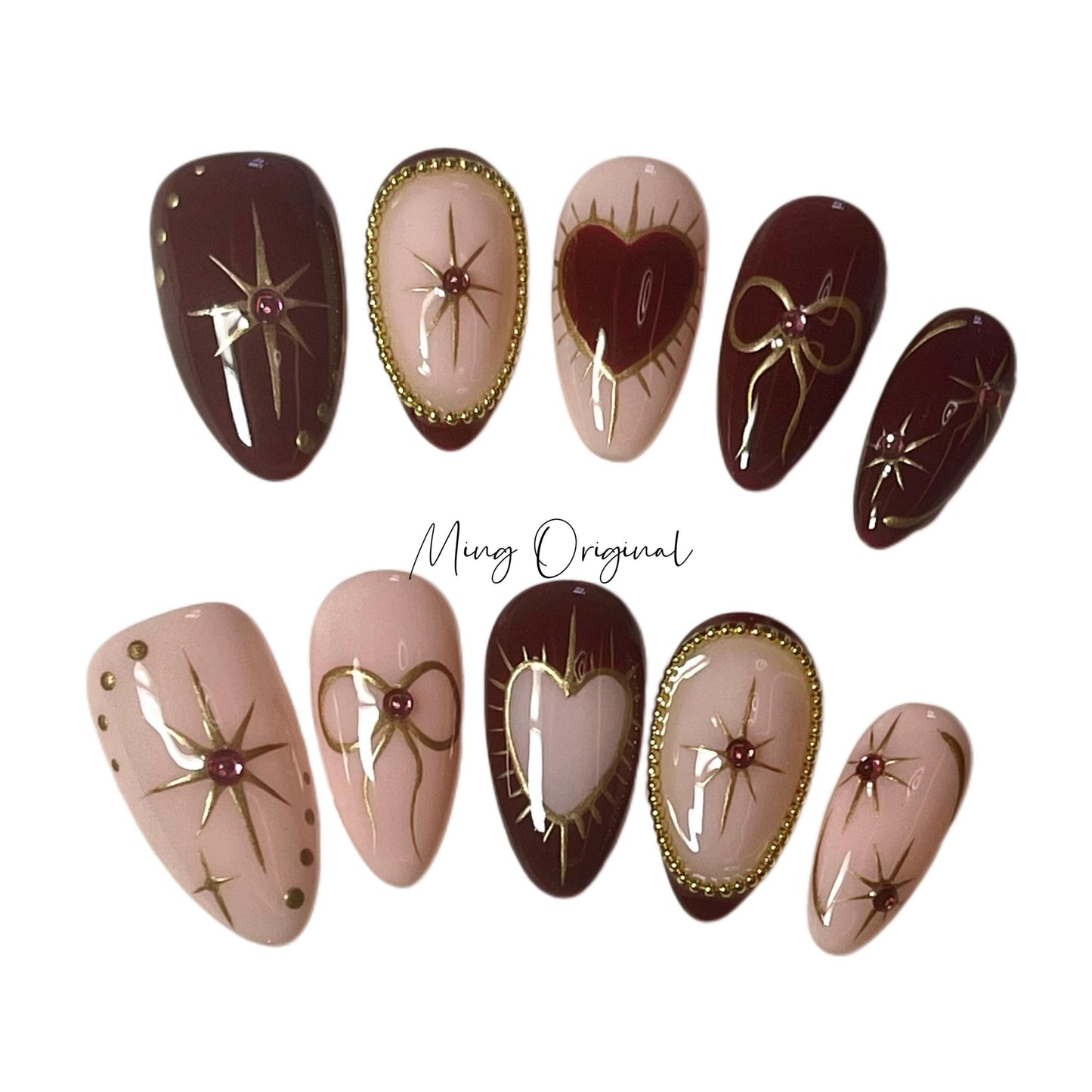 Simple nude red heart Press on Nails, gold chrome star free style bow coquette handmade Nails, valentine new year gift for her,MO383