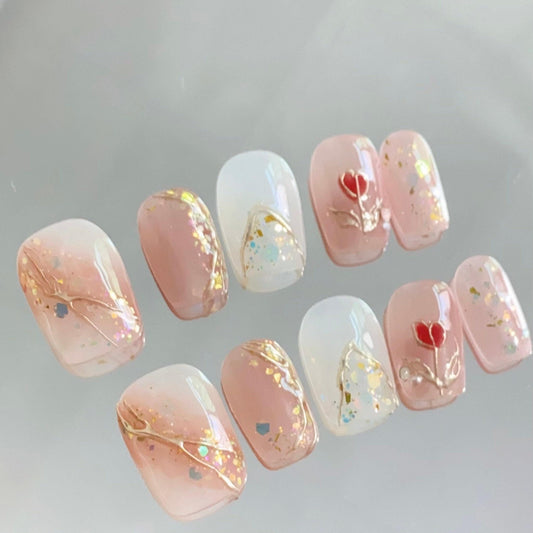 Nude Rose Flower art nail, chrome rose Press on Nail, glitter nails, Jelly Nails