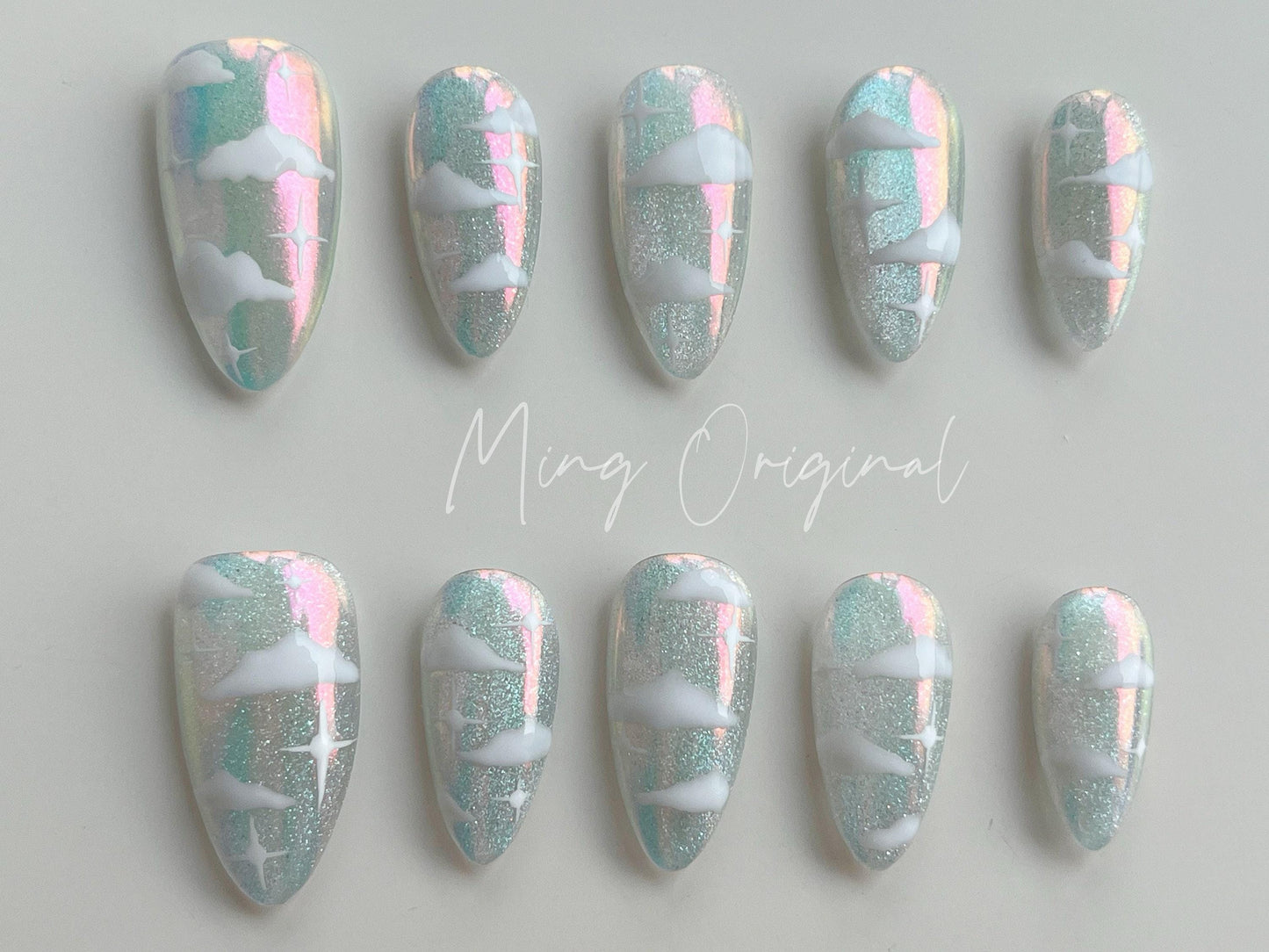 Pearlescent Aurora Cloud and Star, Cat eye sparkling press on nail, multicolored purple pink yellow chrome,