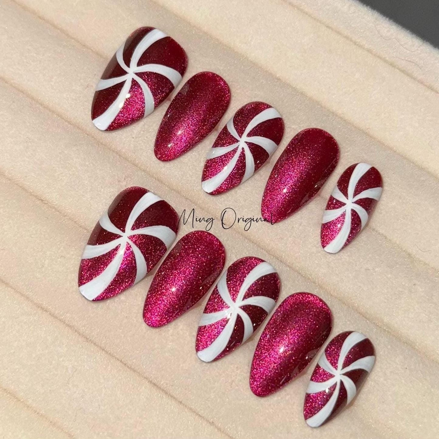 Festival candy cane cat eye press on Nail, red peppermint candy swirl nail, sparkling glue on nail, Xmas Gifts for Her, MO358