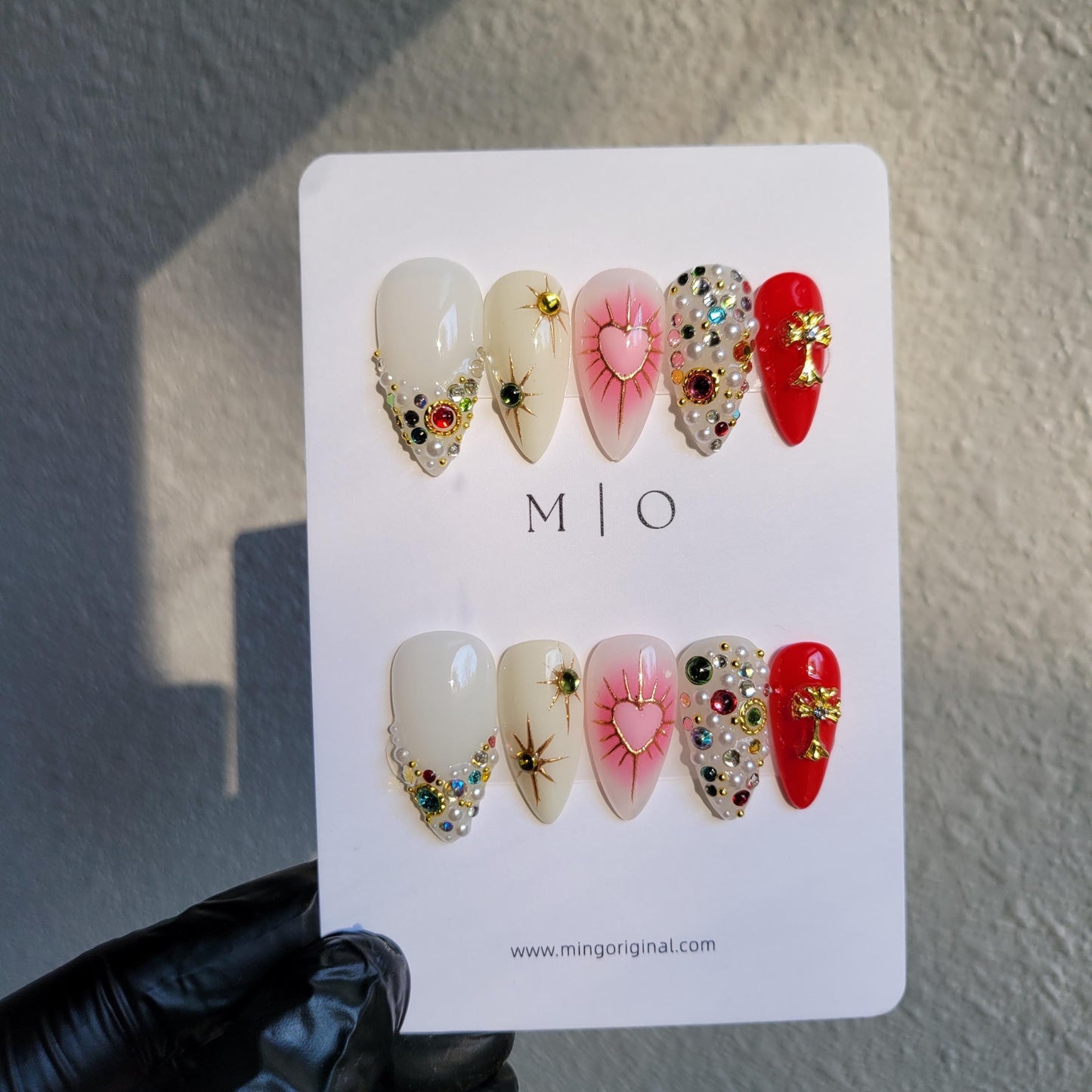 Pink Cupid love heart Press on Nails, chrome star free style multicolor rhinestone handmade Nails, valentine gift for her