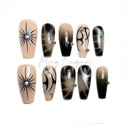 Free style croc nude ombre abstract line press on nails, Y2K star, french tip nail , fall season nail, hand painted nail
