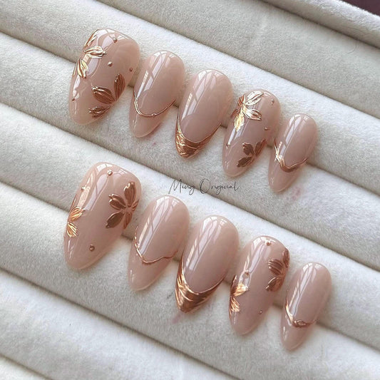 Elegant Chrome gold flower press on nails, Everyday nail, nude handmade art nail, wedding bridal nail,  gift for her, MO396