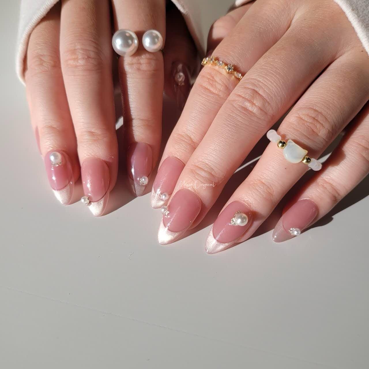 French Tip Collection| cute pink with pearl premium Press on Nails, handmade fake nails, gift for her,MO269