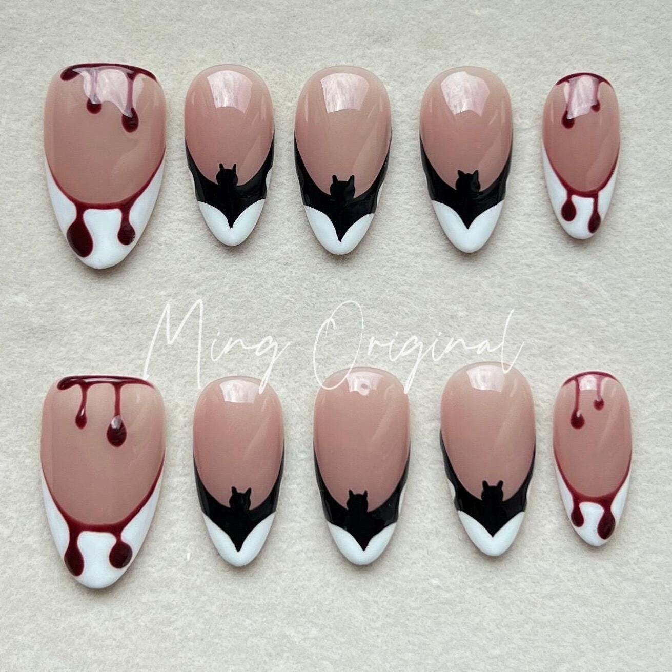 French Drip Bat Halloween Spooky nail bloody press on nail, fake bleeding nail, horror nail, ghost nail, red blood vampire nail