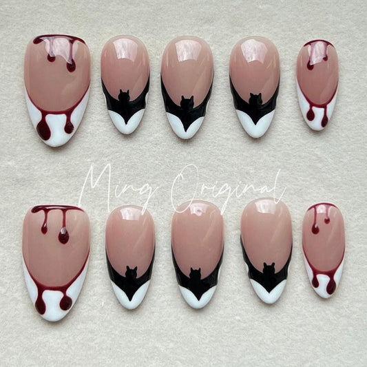 French Drip Bat Halloween Spooky nail bloody press on nail, fake bleeding nail, horror nail, ghost nail, red blood vampire nail