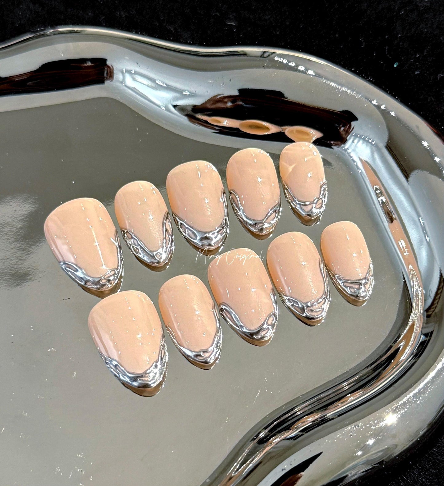 Silver chrome mirror gothic Nail press on, Fake nails, Metallic textured french tip nail, Luxury Handmade Nails, gift for her