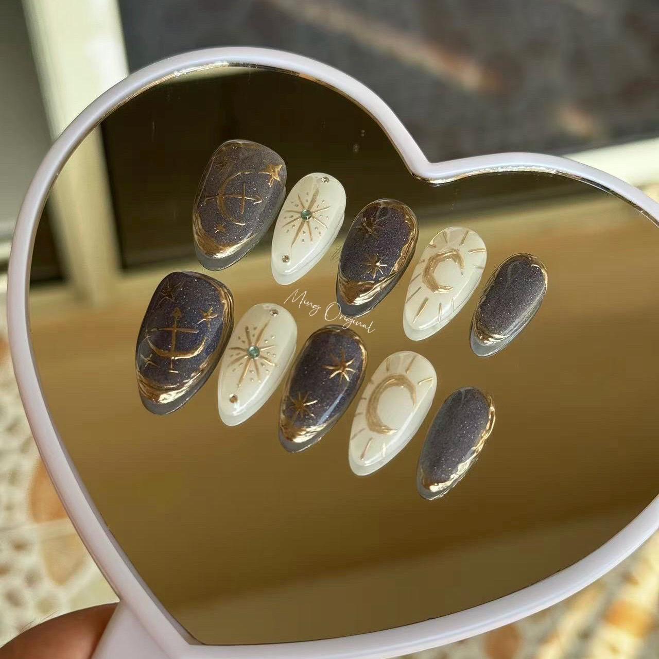 Blue mystery Moon and Star Gold chrome Press on Nails, French tip hand painted free style fake Nails, holiday birthday gift for her MO333