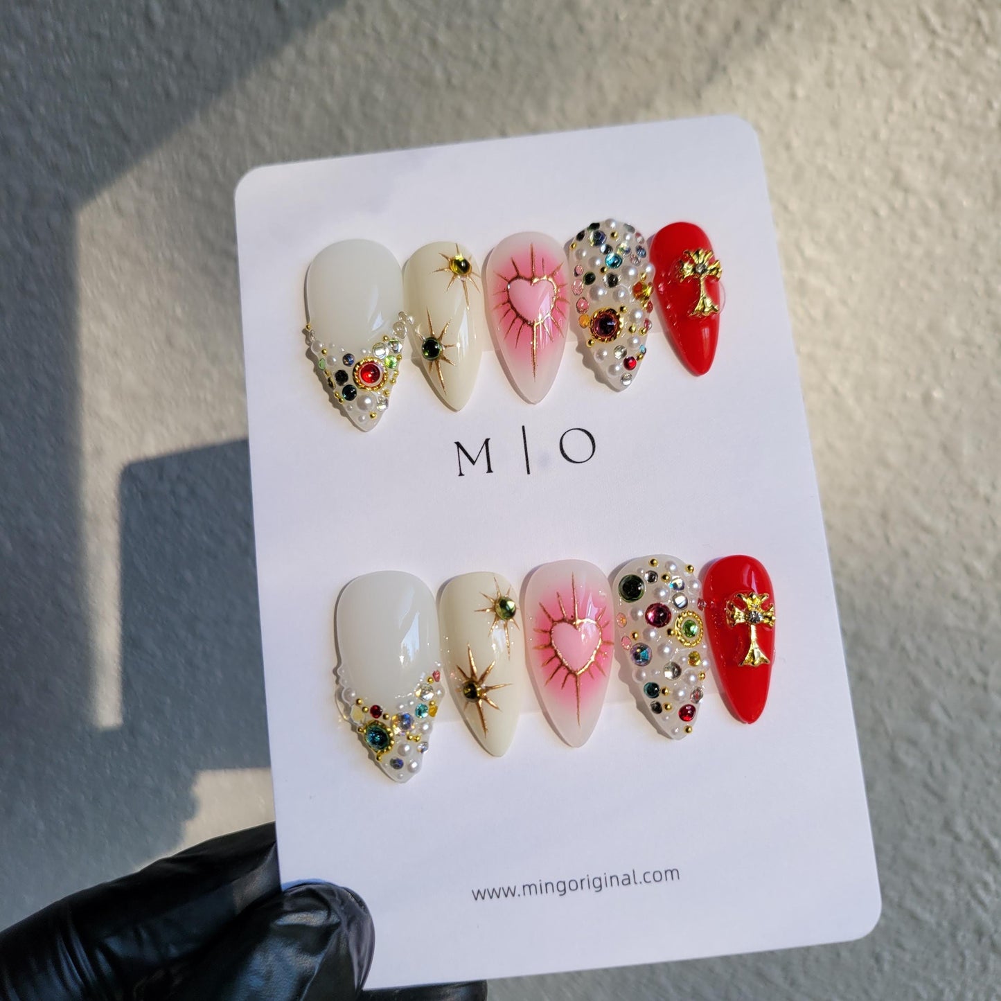Pink Cupid love heart Press on Nails, chrome star free style multicolor rhinestone handmade Nails, valentine gift for her
