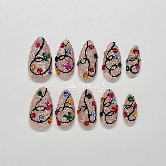 Christmas string lights rhinestone with mouse details press on nails, cat eye nail, jelly fake nail, New Year nail, Squiggly Line Nail