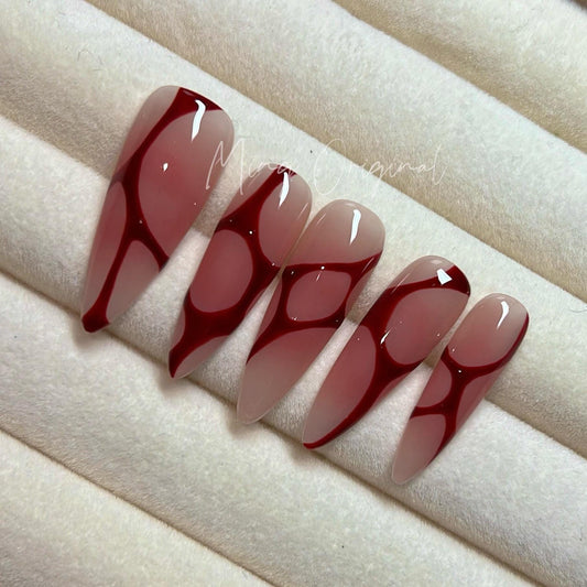 Bloody red blushed Halloween Spooky nail bloody press on nail, abstract line y2k nail, red blood vampire nail