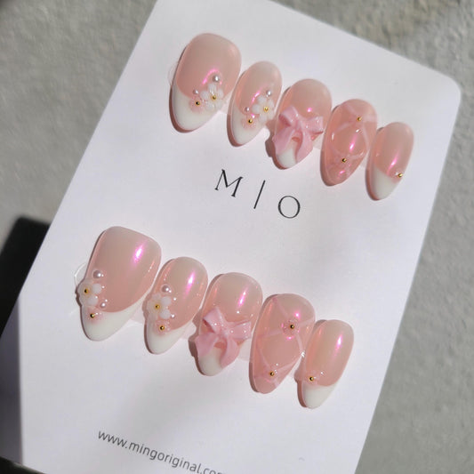Pink little flower Press on Nails, French tip with bow coquette and ballet handmade Nails,MO277