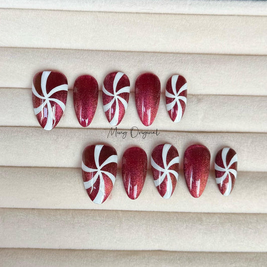 Festival candy cane cat eye press on Nail, red peppermint candy swirl nail, sparkling glue on nail, Xmas Gifts for Her, MO358