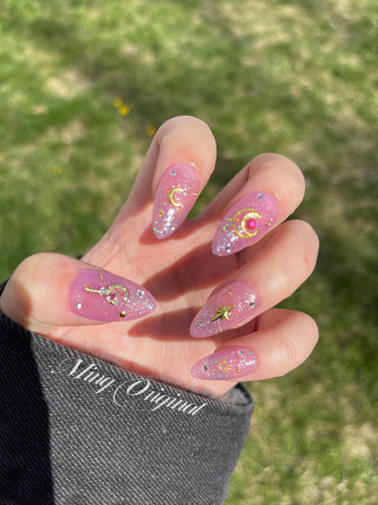 Pink holographic Glitter Sailor moon opal press on nail, pink gemstone with gold charm Fake nails, star and moon Rhinestone handmade gel na