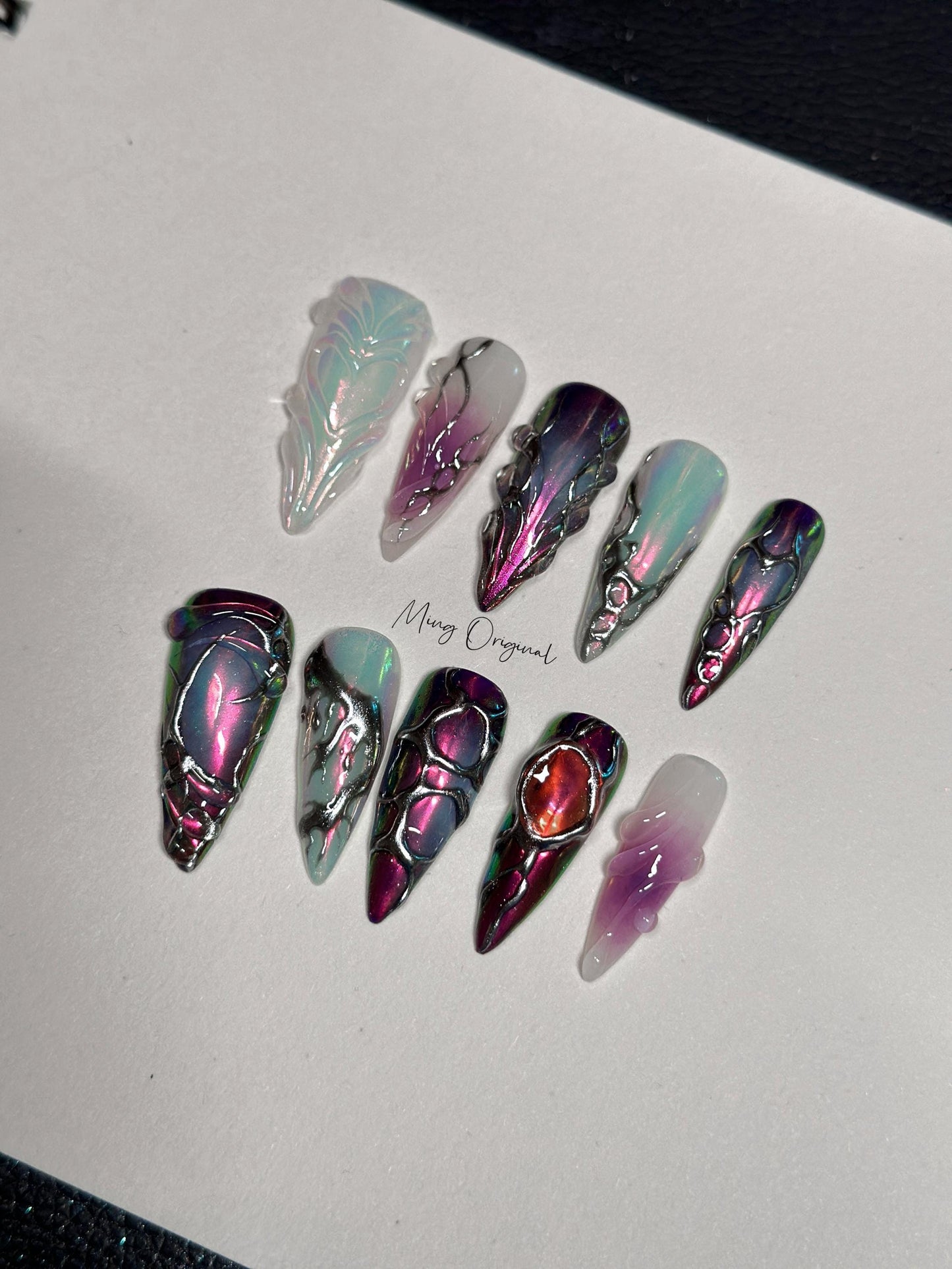 Free style chrome mirror gothic Nail press on, purple and black 3d Silver Metallic fake nail, holiday birthday gift for her, MO286