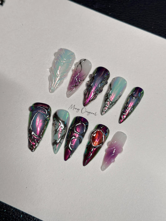Free style chrome mirror gothic Nail press on, purple and black 3d Silver Metallic fake nail, holiday birthday gift for her, MO286