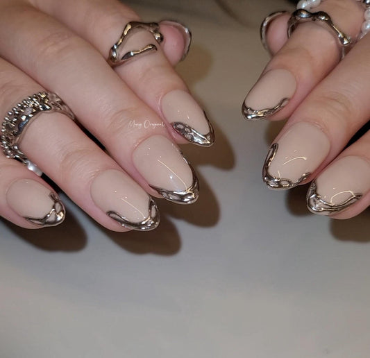 Silver chrome mirror gothic Nail press on, Fake nails, Metallic textured french tip nail, Luxury Handmade Nails, gift for her