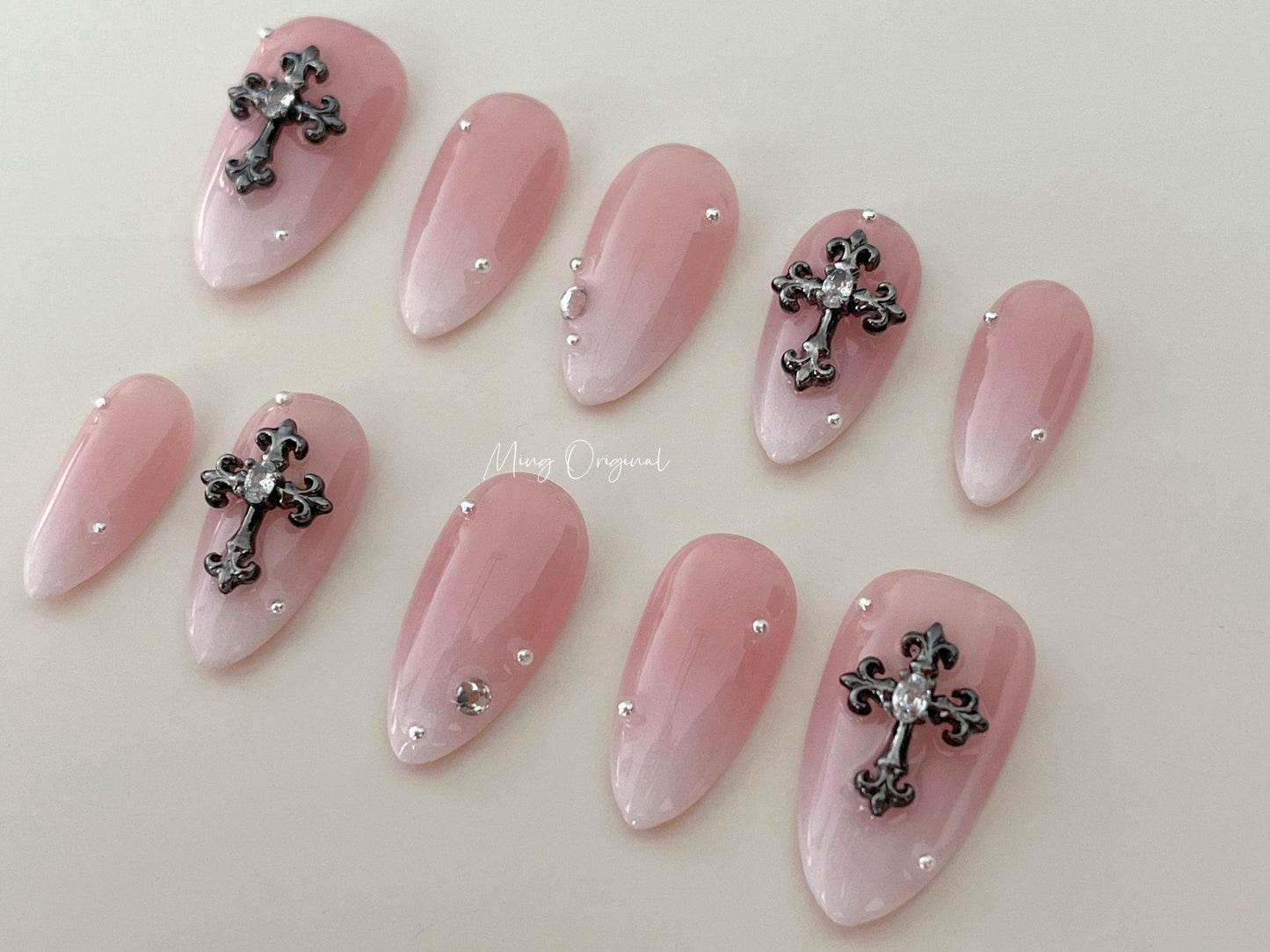 Pink Ombre Gradient Fade White Press on Nails, chrome heart cross jelly nail, Soft Pink Baby Boomer Fake nails, birthday gift for her,MO331