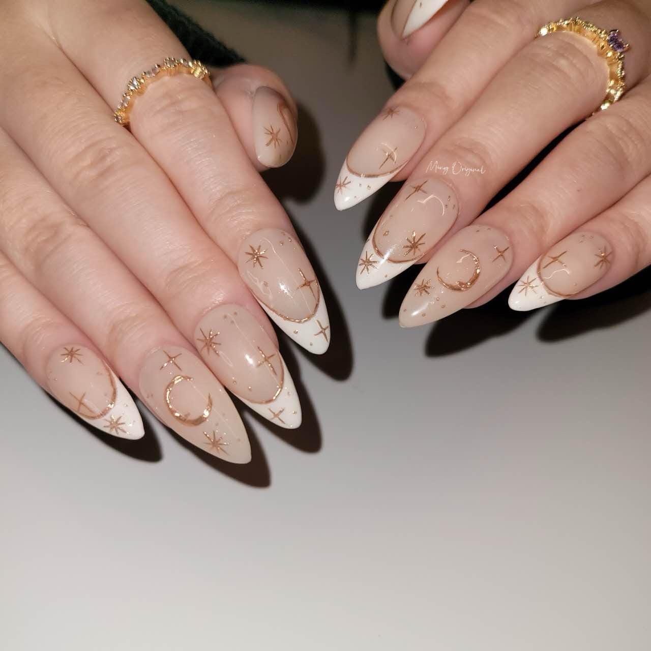 Moon and Star Gold chrome nude Press on Nails, French tip hand painted free style fake Nails, MO254