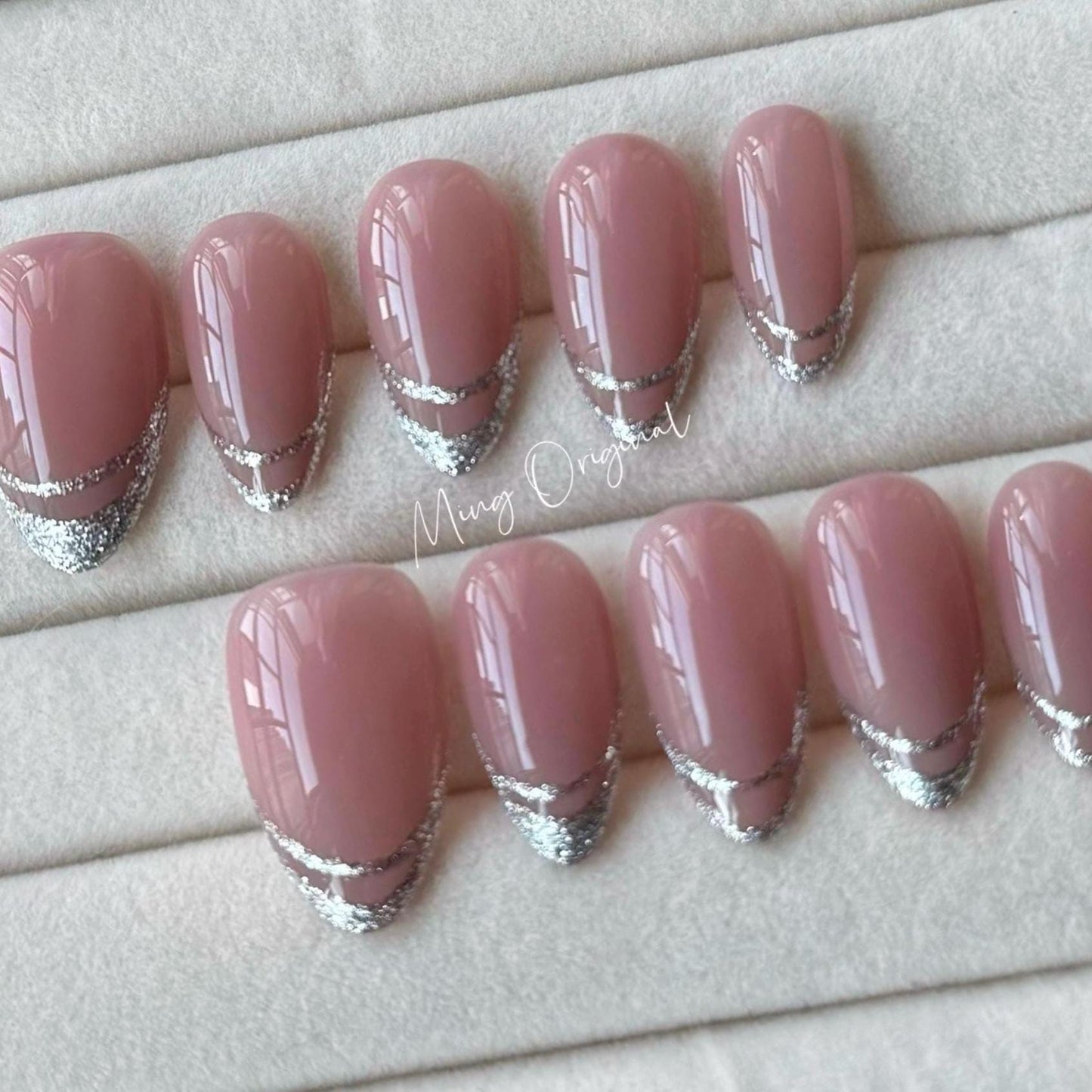 French Tip Collection, silver glitter  tip Press on Nails, pink glittery everyday nail ,glue on nail, birthday holiday gift for her,MO328